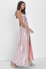 Fabulous Finesse Light Pink Metallic Twist-Front Maxi Dress