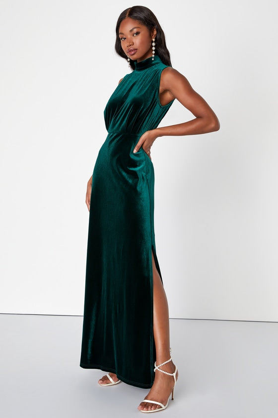 Classic Elegance Emerald Velvet Sleeveless Mock Neck Maxi Dress
