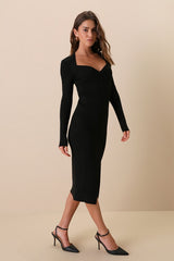 Adoring Me Black Ribbed Long Sleeve Midi Sweater Dress