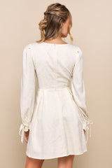 Elegant Adoration Cream Floral Jacquard Long Sleeve Mini Dress