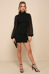 Exceptionally Flirty Black Long Sleeve Backless Mini Dress