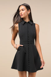 Totally Poised Black Pinstriped Collared Mini Dress With Pockets