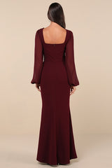 Composed Elegance Burgundy Balloon Sleeve Mermaid Maxi Dress