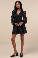 Gorgeous Outcome Black Mesh 3D Applique Long Sleeve Mini Dress