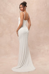 Stunning Vow White Beaded Sequin Maxi Dress