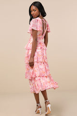 Nalia Pink Abstract Print Tiered Tie-Back Midi Dress
