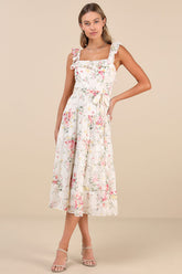 Shela Ivory Floral Jacquard Tiered Midi Dress
