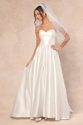 Khalida White Satin Pleated Strapless Gown
