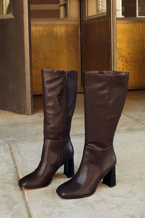 Reelee Chocolate Square Toe Knee-High Boots