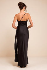 Signature Elegance Black Satin One-Shoulder Maxi Dress