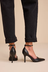 Acrux Black Croc Pointed-Toe Ankle Strap Pumps