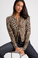 Alfara Brown Leopard Print Button-Front Cardigan Sweater