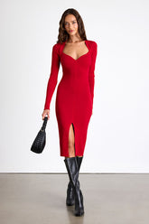 Adoring Me Red Ribbed Long Sleeve Midi Sweater Dress