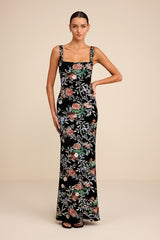 Camesha Black Multi Floral Velvet Sequin Maxi Dress