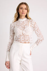 Celita Ivory Sheer Eyelash Lace Long Sleeve Crop Top