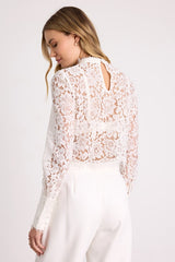 Celita Ivory Sheer Eyelash Lace Long Sleeve Crop Top