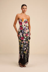 Macario Black Multi 3D Floral Embroidered Strapless Maxi Dress
