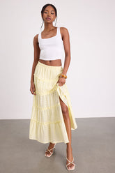 Cherish Light Yellow Eyelet Embroidered Tiered Maxi Skirt