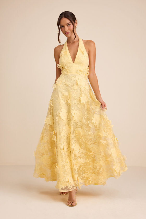 Kennia Light Yellow 3D Floral Embroidered Halter Maxi Dress