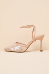 Latasha Light Nude Sequin Pointed-Toe Ankle Strap Pumps