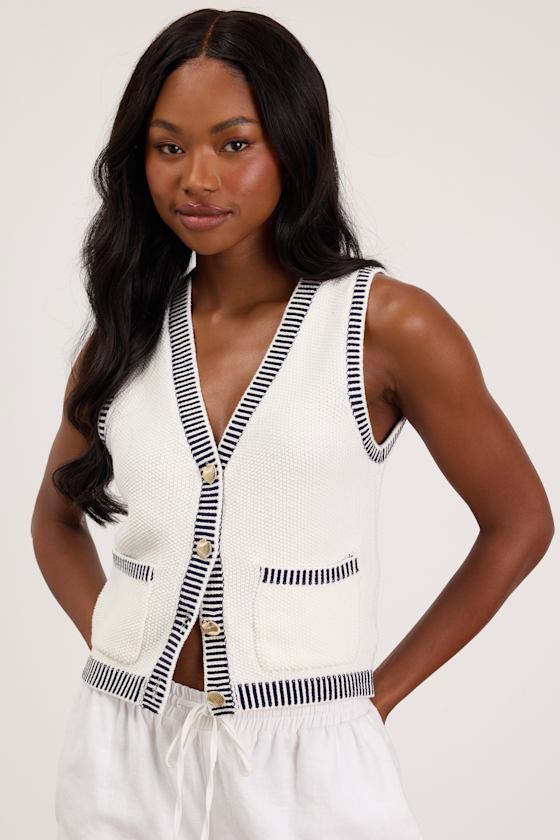 Rennie Ivory Striped Button-Front Sweater Top