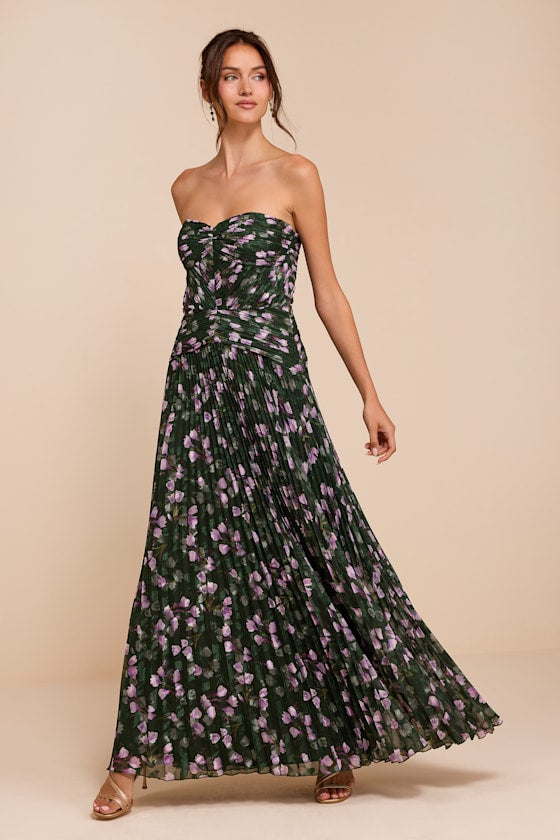 Elkay Dark Green Floral Pleated Drop Waist Maxi Dress