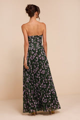 Elkay Dark Green Floral Pleated Drop Waist Maxi Dress