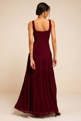 Rhonda Burgundy Pleated Drop Waist Maxi Dress