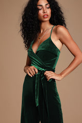 Kylinna Forest Green Velvet Sleeveless Wide-Leg Jumpsuit