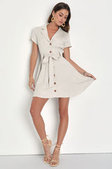 Delightful Dear Beige Linen Short Sleeve Button-Front Mini Dress