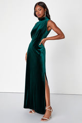 Classic Elegance Emerald Velvet Sleeveless Mock Neck Maxi Dress