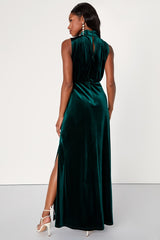 Classic Elegance Emerald Velvet Sleeveless Mock Neck Maxi Dress