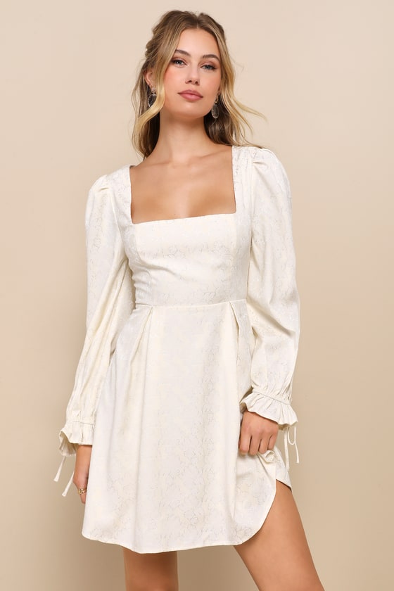 Elegant Adoration Cream Floral Jacquard Long Sleeve Mini Dress