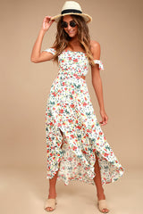 Easy on the Eyes Cream Floral Print Off-the-Shoulder Maxi Dress