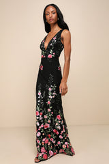 Soiree Blossom Black Floral Embroidered Mermaid Maxi Dress
