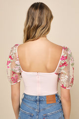 Essence of Elegance Pink Embroidered Floral Bustier Bodysuit