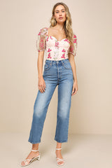Essence of Elegance Pink Embroidered Floral Bustier Bodysuit