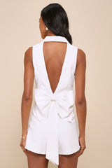 Upscale Individual White Collared Backless Bow Romper