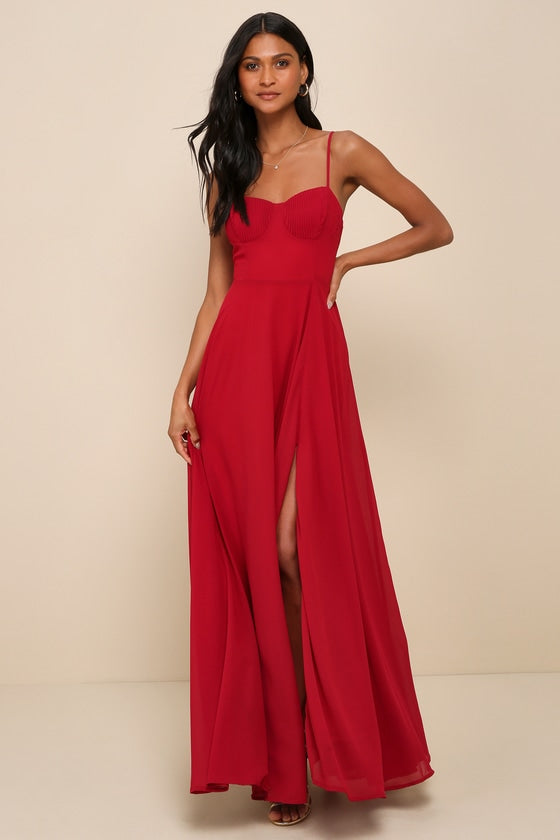 Cause for Commotion Red Pleated Bustier Maxi Dress