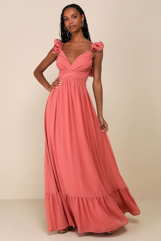 Soiree Celebration Rusty Rose Ruffled Lace-Up Maxi Dress
