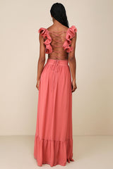 Soiree Celebration Rusty Rose Ruffled Lace-Up Maxi Dress