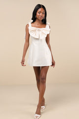 Glamorous Luxury Champagne Taffeta Bow Lace-Up Mini Dress