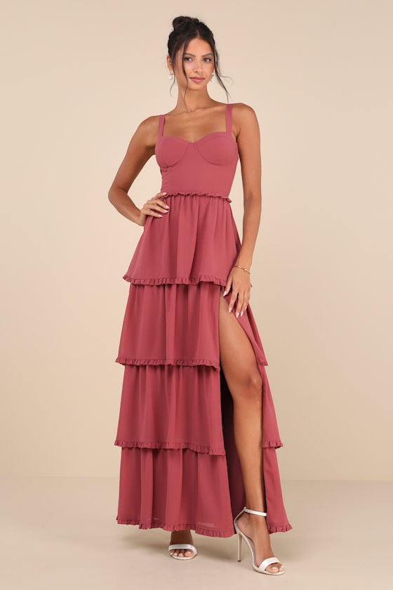 Sophisticated Occasion Rusty Rose Bustier Lace-Up Maxi Dress