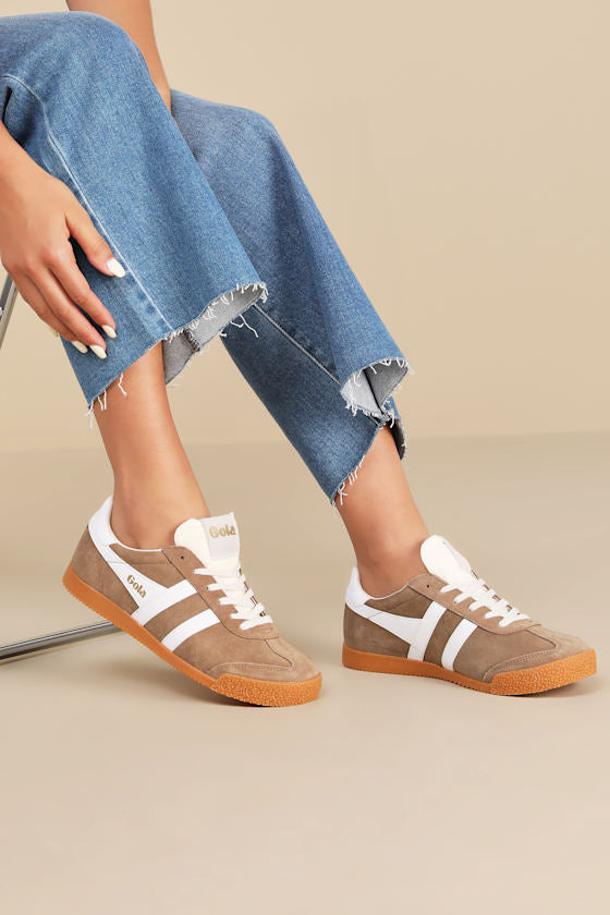 Elan Tobacco and White Color Block Suede Leather Sneakers
