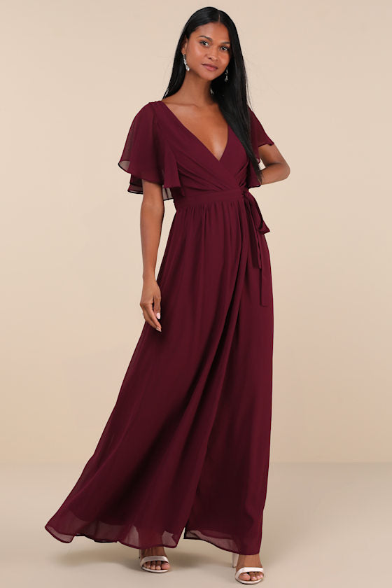 Convincing Grace Burgundy Flutter Sleeve Wrap Maxi Dress