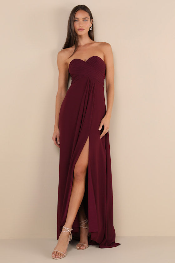 Splendid Aura Plum Purple Chiffon Pleated Strapless Maxi Dress