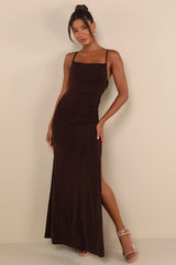 Complete Catch Brown Backless Lace Ruched Maxi Dress