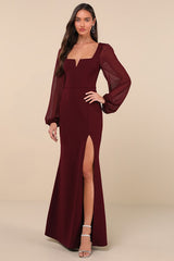 Composed Elegance Burgundy Balloon Sleeve Mermaid Maxi Dress