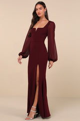Composed Elegance Burgundy Balloon Sleeve Mermaid Maxi Dress