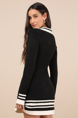 Soft Serenity Black and Ivory Collared Sweater Mini Dress